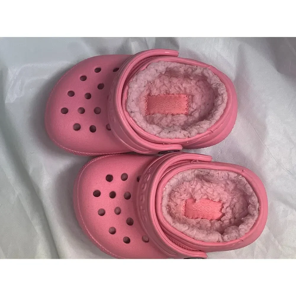 Crocs Classic Lined Clogs Toddler Girls Size C4 Pink Fuzzy Fur Slip On